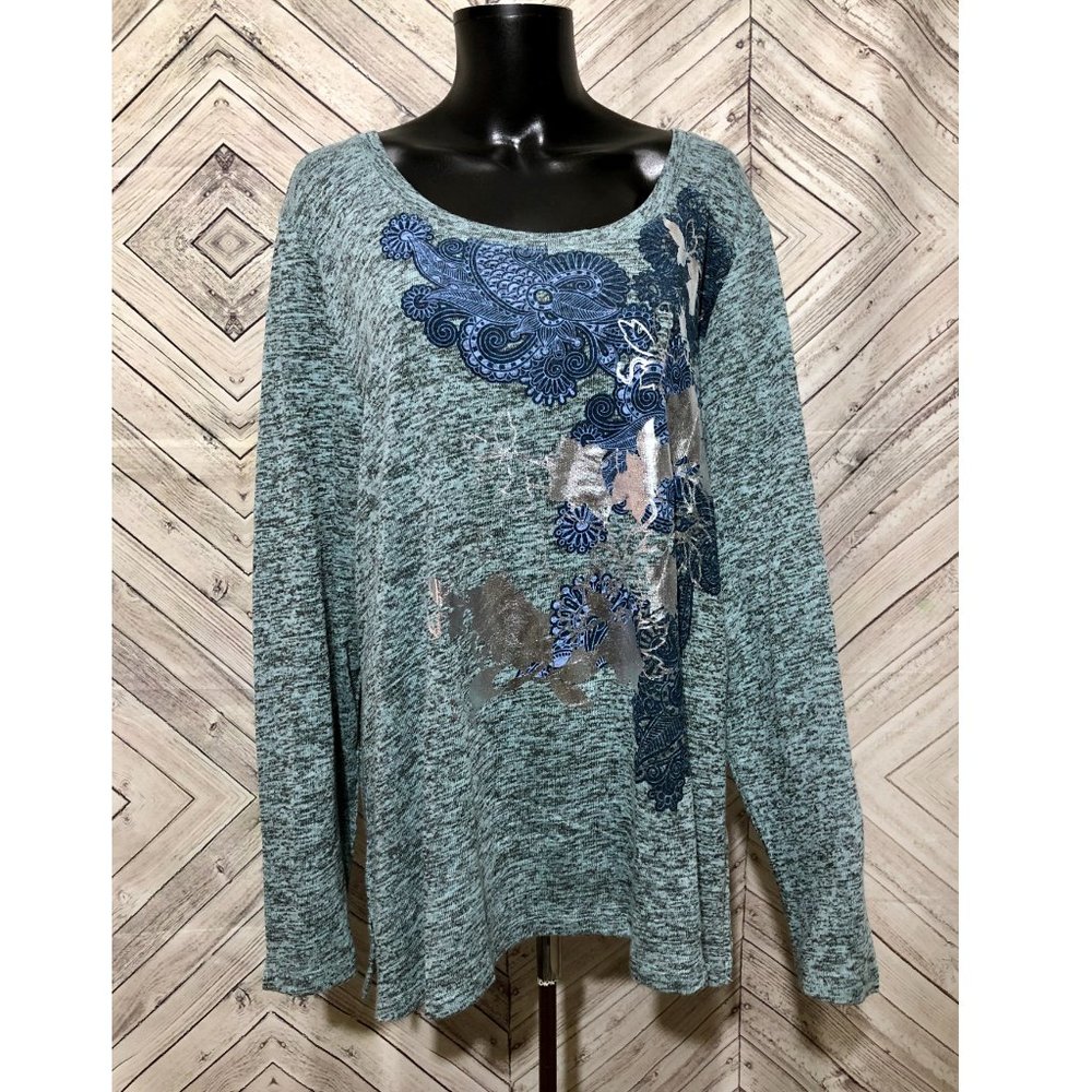 simply elegant 3X teal green floral foil shirt